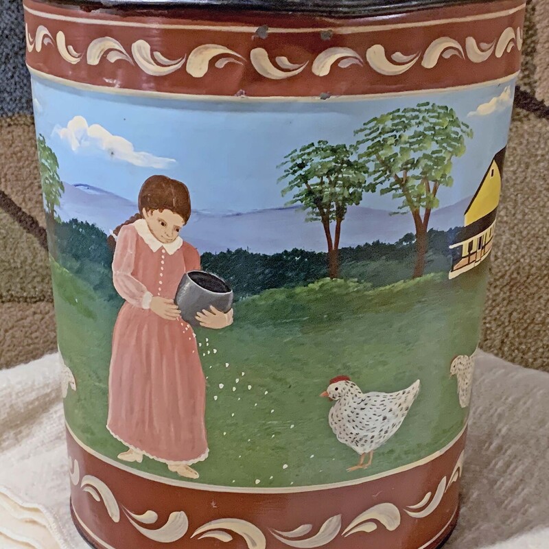 Hand Painted  Chicken Farmer Bucket
10 In Round x 12 In Tall.