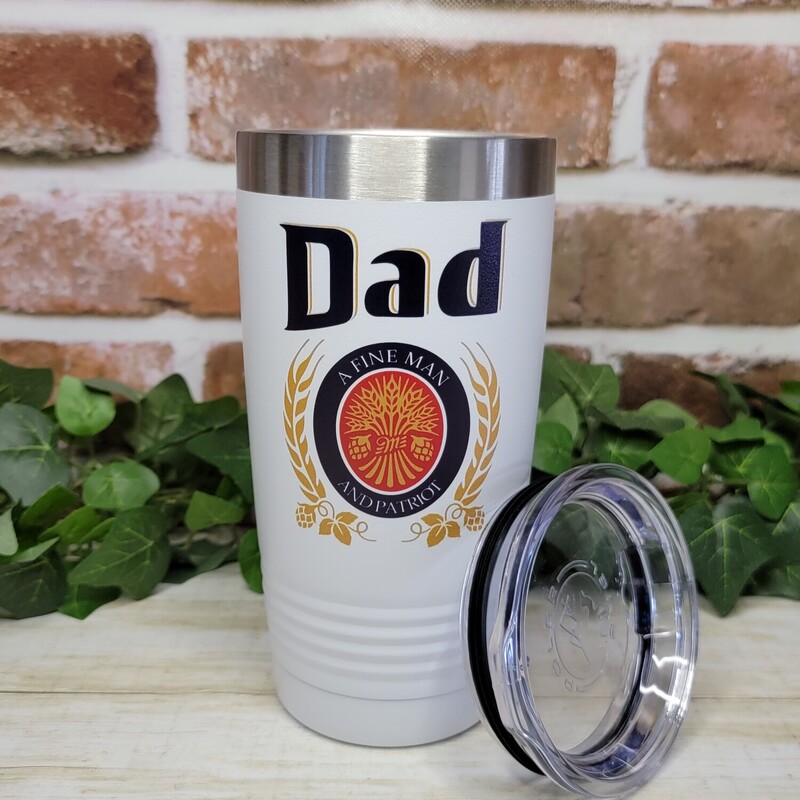 Dad will love his new custom tumbler. Our tumblers are UV Printed with the image shown with Best Dad by Par.<br />
<br />
Keep your drinks ice cold longer and it is great for hot beverages. The clear lid even allows for use of straws!- Double wall 18/8 stainless steel construction<br />
<br />
- Features copper insulation that keeps drinks HOT for 8 hours and COLD for 16 hours<br />
- Tapered design that easily fits in cup holders<br />
- Clear push-on lid<br />
- No sweat Exterior<br />
- Hand wash recommended<br />
<br />
We UV Print the cups; so there is no worries of a vinyl decal peeling or coming off.