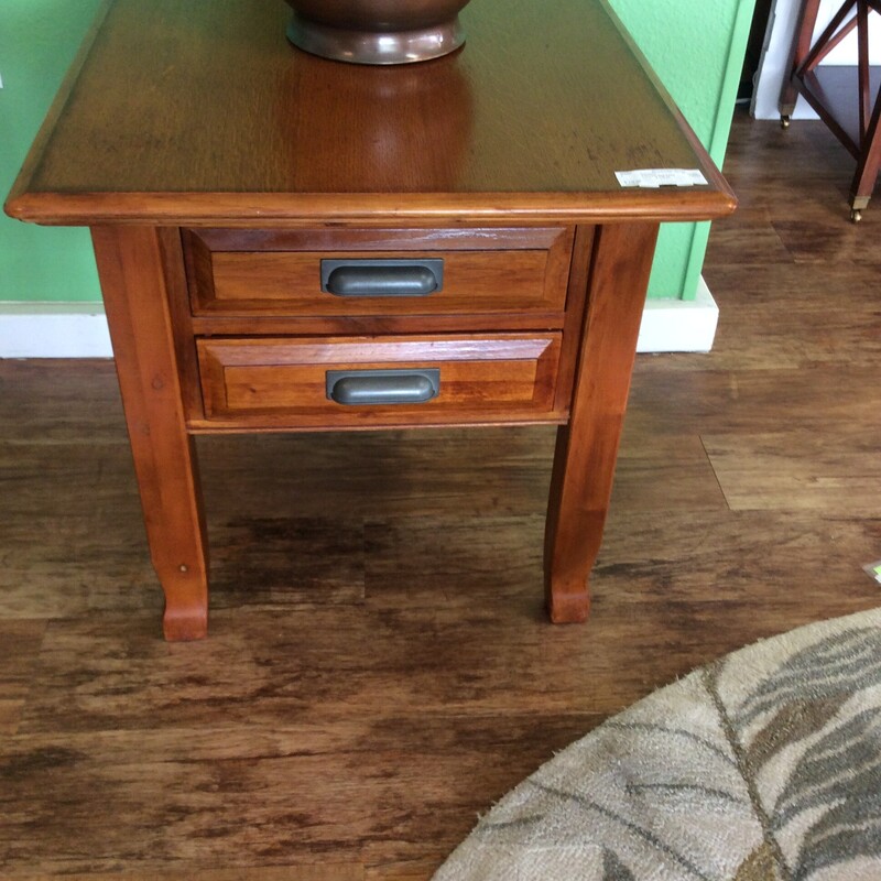 This two drawer Maple end table has pewter handles.