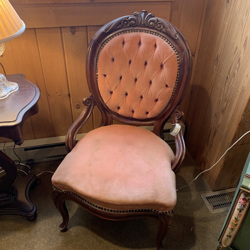 Victorian Carved Chair w/Peach Velvet Upholstery