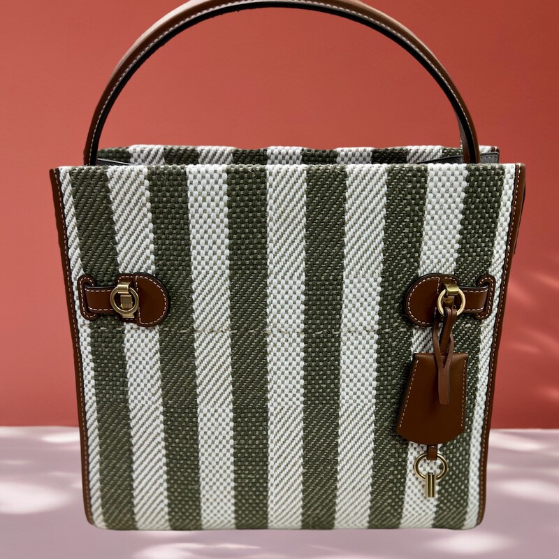 TORY BURCH
LEE RADZIWILL STRIPE DOUBLE BAG
Original Retail Price:  $1,098
Comes with Original Dust Cover and Tags
Paper stil on strap
FLAWLESS  in LIKE NEW CONDITION

Lee Radziwill Double Bag contrasts structure and softness, and a mix of materials. A little bit undone, the drape and sense of volume are fundamental to the design. Composed of layers that unfold like the collar of a trench coat, it can be worn open, semi-buttoned or fully closed. Beautifully crafted in leather, suede and a striped twill made of linen of cotton, with signature lock-and-key hardware. The collection is named for Lee Radziwill, who was fearlessly unique.

Fits a laptop up to 15\"
Plain weave, suede and leather trim
Cotton twill lining
Snap stud closures; belted strap with slider buckle closure
Interior top zipper center compartment pocket
5 Interior compartments (1 center zipper compartment, 4 open compartments), 1 side wall zipper pocket, 1 side wall slit pocket
Leather top handle 6\" (15cm) drop
Adjustable, removable shoulder strap with 14.3\" (36cm) drop
Gold-finish hardware
Dust bag included
length: 12.6\" (31.5cm); height: 12\" (30cm); depth: 6.2\" (15.5cm);
Style Number 139204