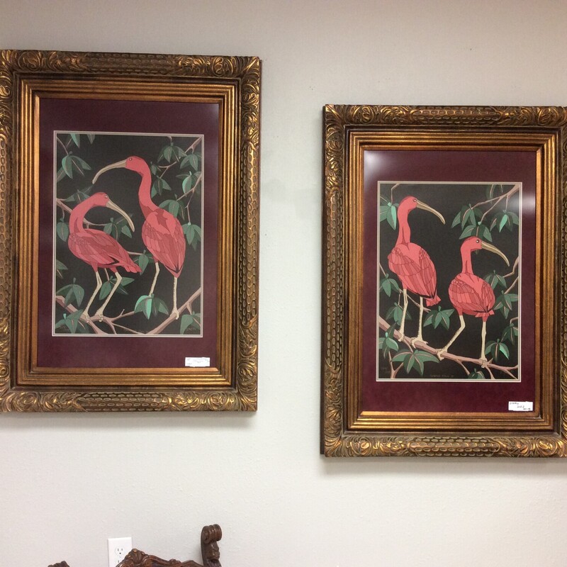 This is a pair of signed and numbered  Flamingo prints. These prints have none glare glass and beautiful gold/brass frames.