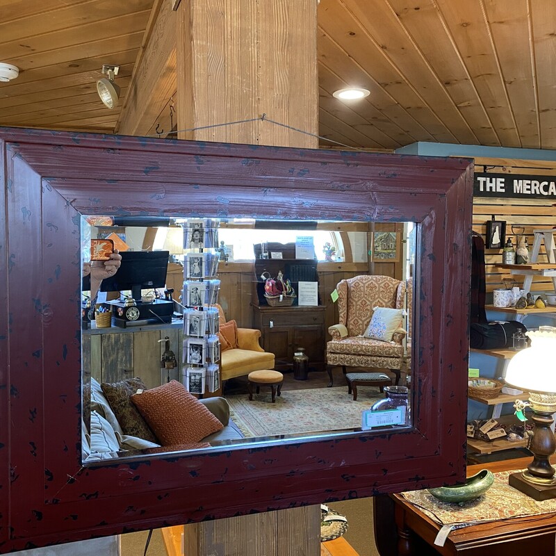 Barn Red Framed Mirror
Size:  40 inches x 30 inches
Beautiful beveled mirror with wooden frame of barn red and black.