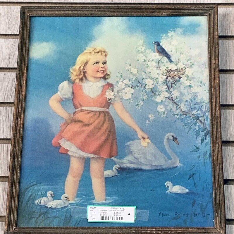 Vintage Mabel Rollins Harris Print of Little Girl with Swans and Bluebird
15 In x 18 In