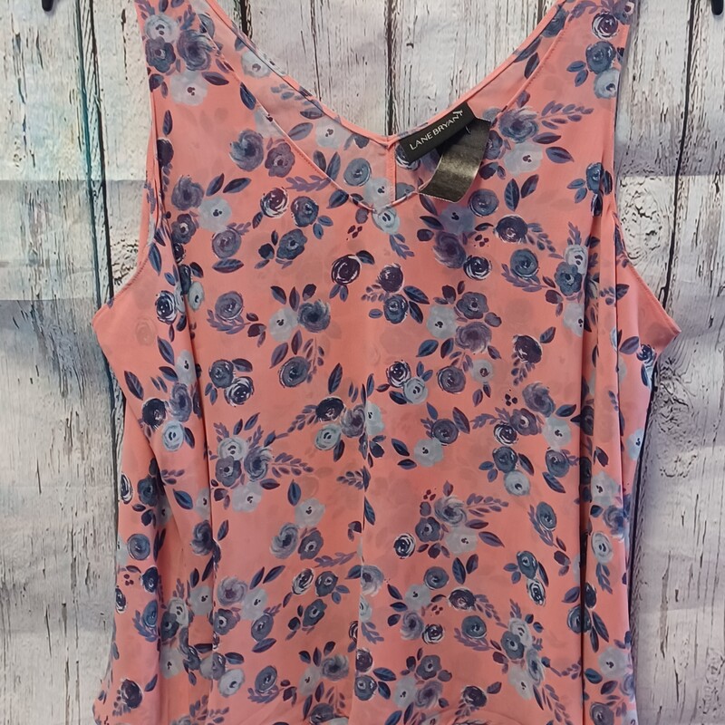 Tank with layered front panel in pink with blue floral design.