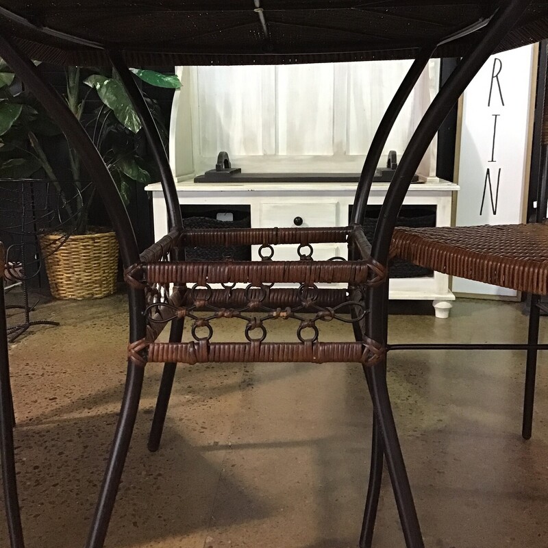Pier 1<br />
Rattan top Table w/ black metal legs<br />
2 Chairs w/rattan seats and backs with black metal detailing and legs<br />
<br />
Dimensions 35x35x30, Size: Pier1