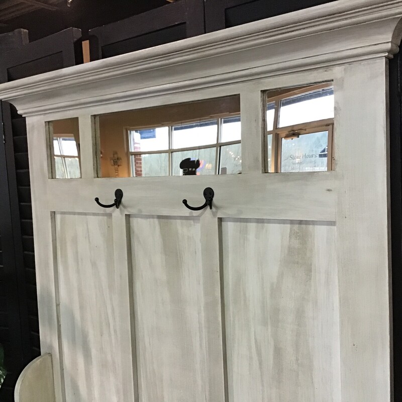 Handmade by Local Artist
Wooden Hall Tree
Driftwood style paint
Two double hooks for coats
Two drawers
Includes two black baskets

Dimensions: 40x17x71