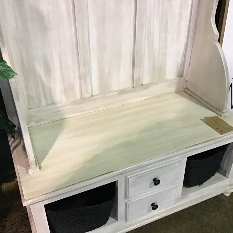 Handmade by Local Artist
Wooden Hall Tree
Driftwood style paint
Two double hooks for coats
Two drawers
Includes two black baskets

Dimensions: 40x17x71