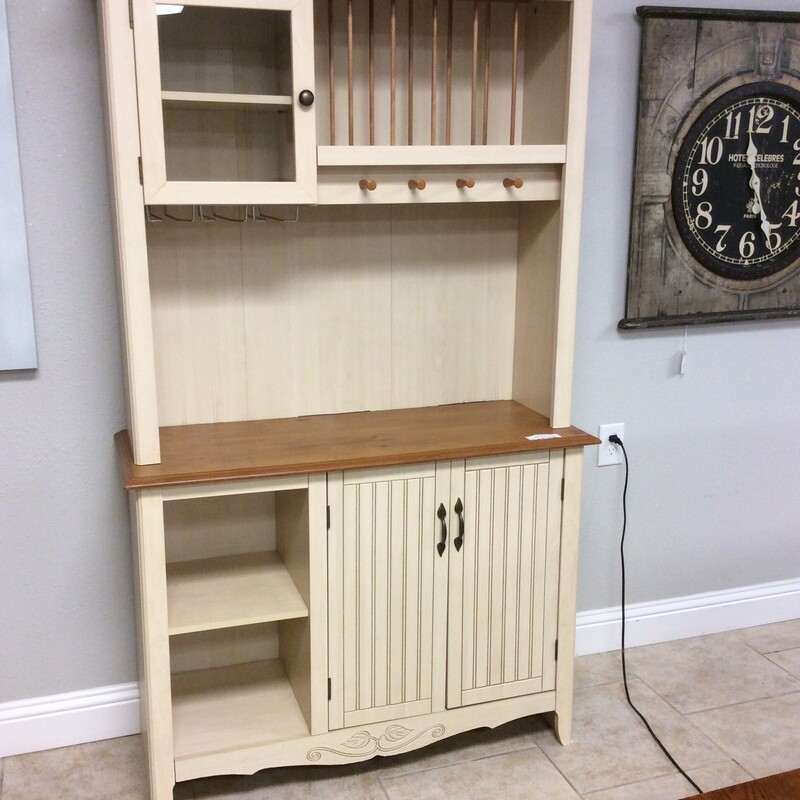 BARGAIN ALERT! This painted wine cabinet comes in 2 pieces and includes adjustable shelving, a glass-paned cabinet, stem holder and more.