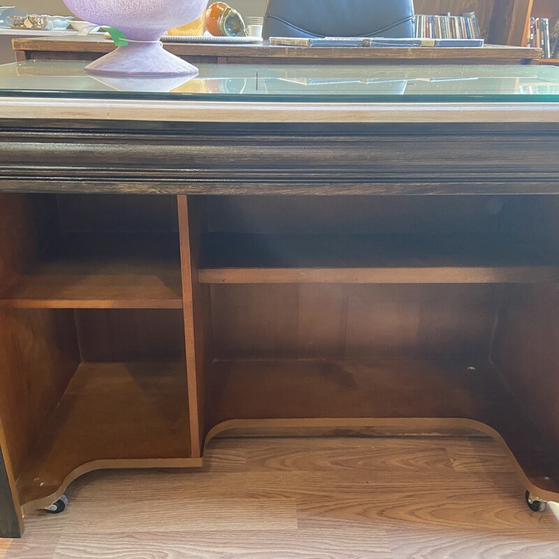 Repurposed Sew Machine Desk<br />
<br />
Beautiful Details: new glass top, storage underneath, and casters.<br />
<br />
Size: 41x20x30