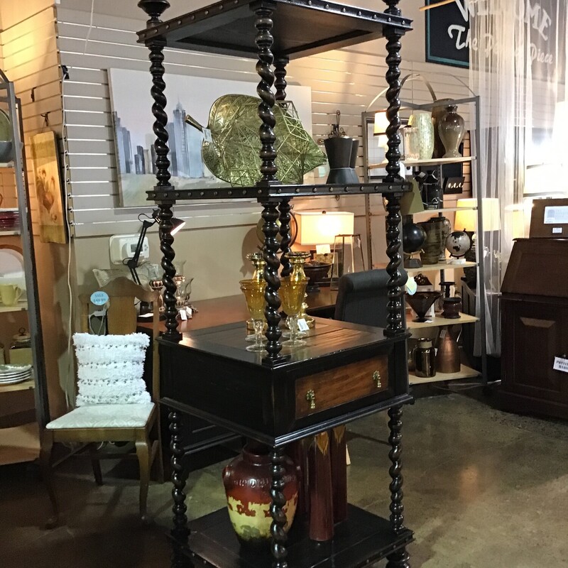 This absolutely stunning etagere features turned posts and nailhead trim. There are 4 shelves and 1 drawer. This piece is absolutely gorgeous!

Dimensions are 26 in x 26 in x 84 in