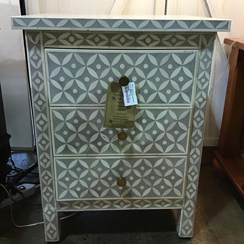 - Handcrafted of a kiln-dried hardwood frame.
- Geometric pattern is achieved by hand with bone set in light grey resin
- Features 3 drawers set on sturdy German metal glides
- Hardware is finished in Antiqued Brass

Dimensions - 20 in x 16 in x 26 in

Currently on sale on RH Teen website for $905/$724 Member Price