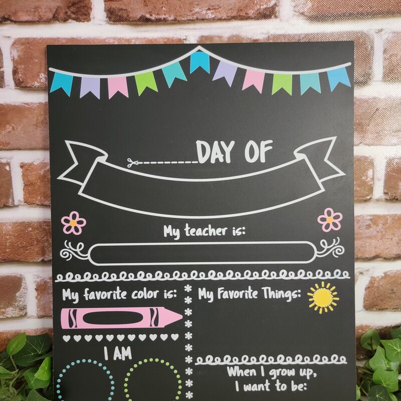Your child's first day of school is a big deal!<br />
<br />
Your back to school board will be perfect for keeping track of the stats that matter most.  Add the special touch to your first day of school photos with this one of a kind photo prop. This chalkboard sign is reusable and can be for the first day of kindergarten; 1st day of homeschool; last day of school; or any other milestone you can think of.<br />
<br />
The chalkboard measures approx. 11.75 x 15' with a quality chalkboard surface; allowing you to use chalk or chalk markers.<br />
<br />
Clean with water in 24 hours of writing and store away until next year. Available in pastel or primary colors<br />
<br />
****colors vary****