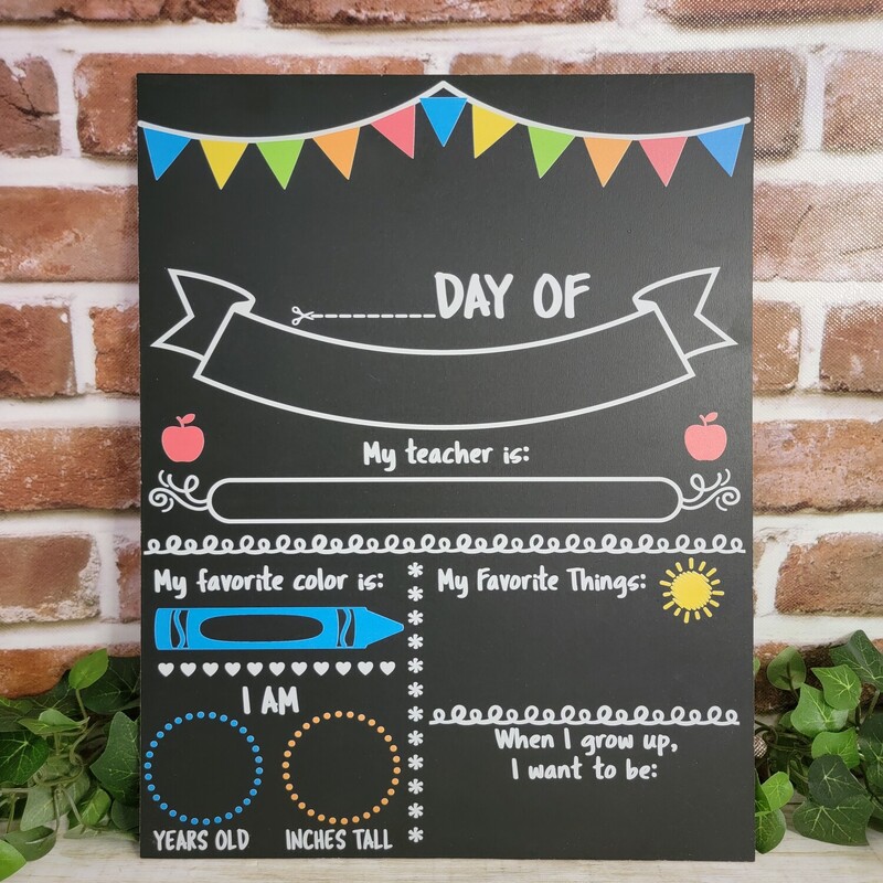 Your child's first day of school is a big deal!

Your back to school board will be perfect for keeping track of the stats that matter most.  Add the special touch to your first day of school photos with this one of a kind photo prop. This chalkboard sign is reusable and can be for the first day of kindergarten; 1st day of homeschool; last day of school; or any other milestone you can think of.

The chalkboard measures approx. 11.75 x 15' with a quality chalkboard surface; allowing you to use chalk or chalk markers.

Clean with water in 24 hours of writing and store away until next year. Available in pastel or primary colors

****colors vary****