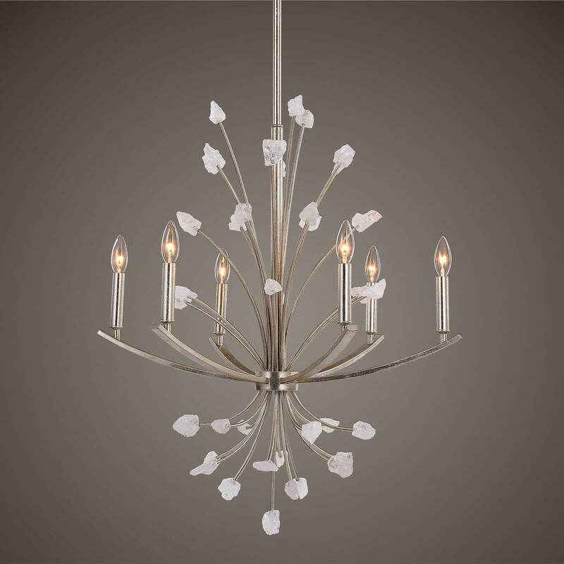 Uttermost Juliet Chandelier
Silver Base with White  Rock Crystals
Size: 27 x 32H
Graceful Lines And A Soft Contemporary Feel. Elegance Taken Right From Nature, Each Piece Of Rock Crystal Will Vary A Bit In Size And Shape Making Every Chandelier Unique. To Enhance The Feminine Feel We Have Finished It In A Rich Antique Bright Silver Leaf. 6-60 Watt Max Candelabra Sockets.
NEW
Retail $1500