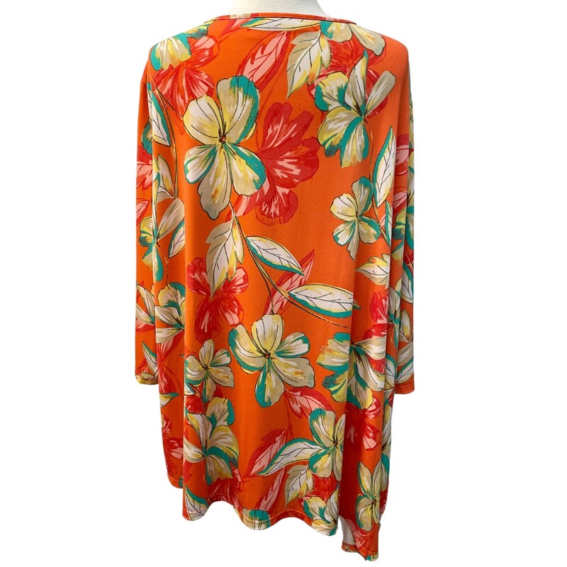 Susan Graver Floral Tunic with Asymmetrical Hem<br />
Orange and Green<br />
Size: 3X