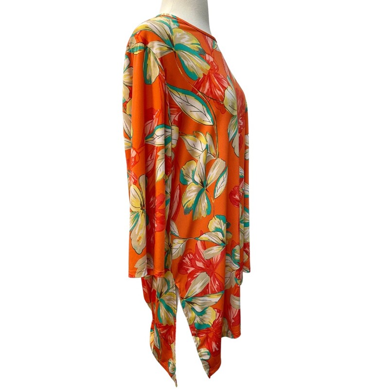Susan Graver Floral Tunic with Asymmetrical Hem<br />
Orange and Green<br />
Size: 3X