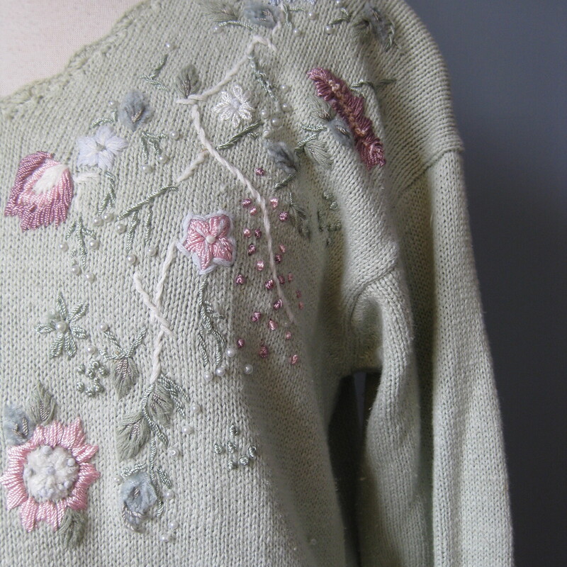 Vtg Shenanigans Embrd, Green, Size: Large

This pretty vintage sweater by Shenanigans s is made of celadon pastel green  ramie cotton blend and features mainly pink floral embroidery on the front.
The flowers are pink and blue with green leaves and sprinkled with tiny pearls.
The sweater is long with long sleeves and has a high v neck.

Flat measurements:
Shoulder to shoulder: 22.25
Armpit to armpit: 20.5
Underarm sleeve seam: 16.5
Width at hem: 21
Length 27

Thanks for looking!
#59376