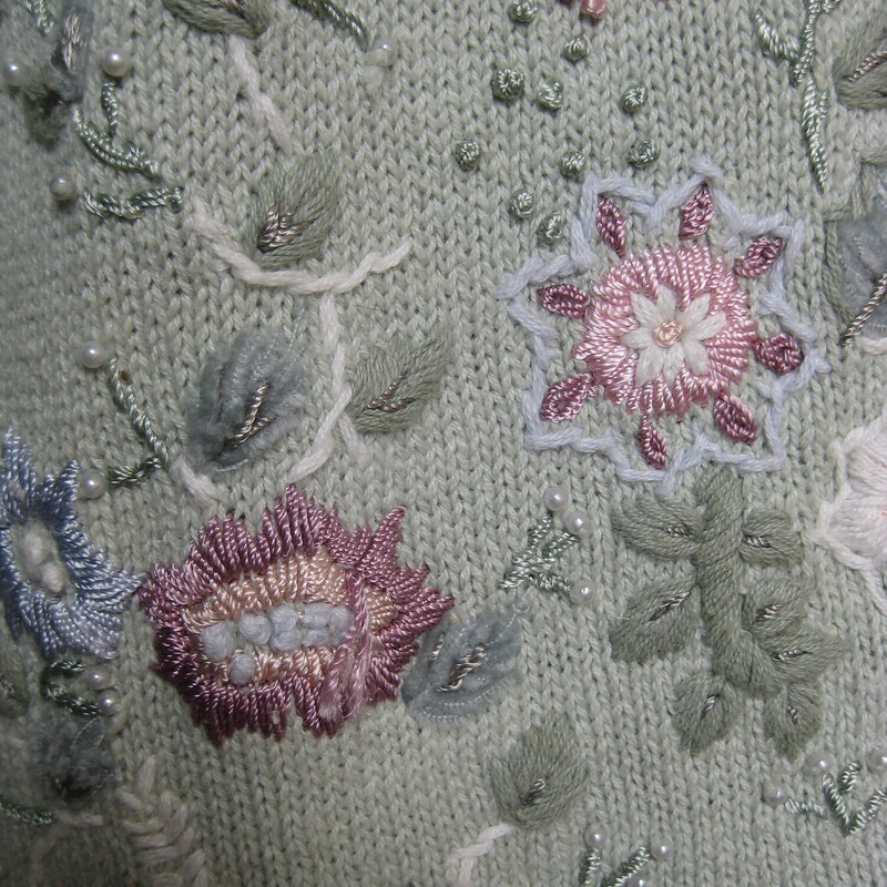 Vtg Shenanigans Embrd, Green, Size: Large

This pretty vintage sweater by Shenanigans s is made of celadon pastel green  ramie cotton blend and features mainly pink floral embroidery on the front.
The flowers are pink and blue with green leaves and sprinkled with tiny pearls.
The sweater is long with long sleeves and has a high v neck.

Flat measurements:
Shoulder to shoulder: 22.25
Armpit to armpit: 20.5
Underarm sleeve seam: 16.5
Width at hem: 21
Length 27

Thanks for looking!
#59376