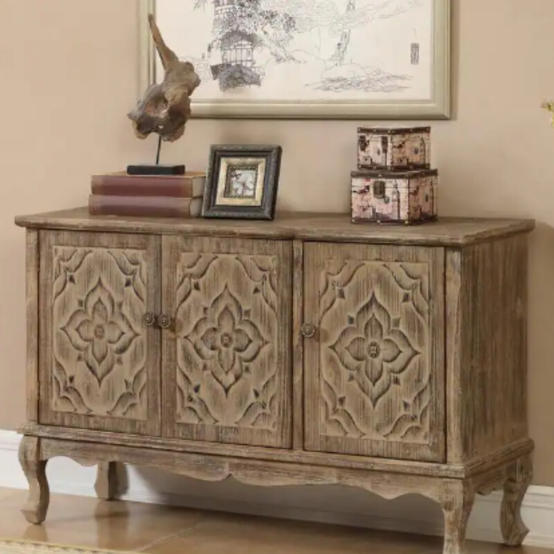 Wood Carved Console
Distressed  Brown Wood
Size: 47x16x30H
NEW
Retail $949