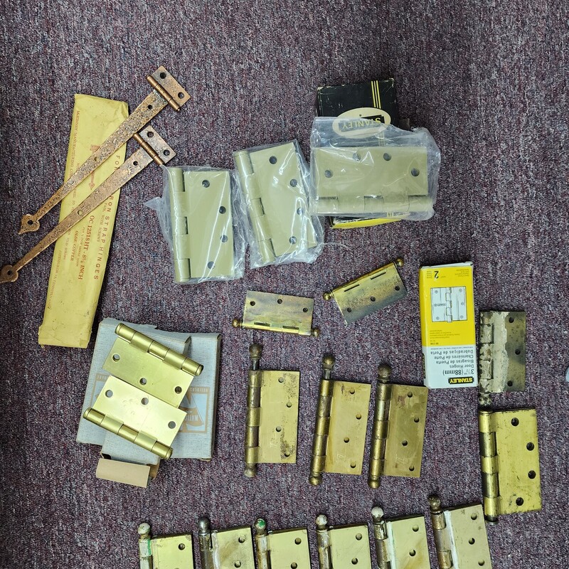 Box Of Hinges, Mixed sizes & metals. 23 Hinges