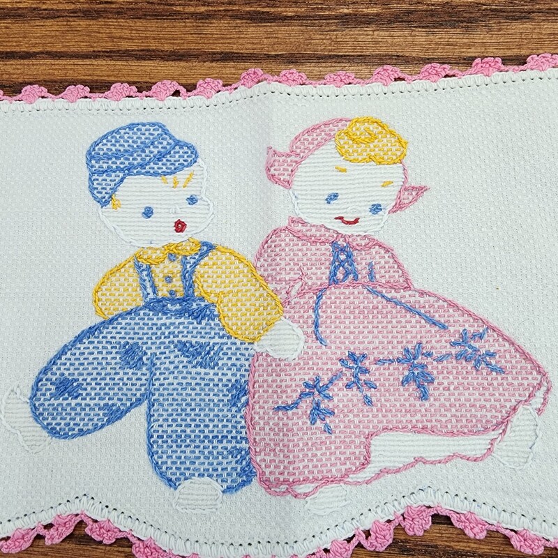 Embroidered Doily, Boy & Girl