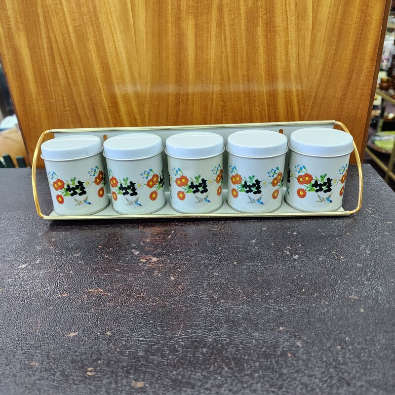Vintage Meister Spice Rack, White, Size: 12 in long W/ 5 Tins
