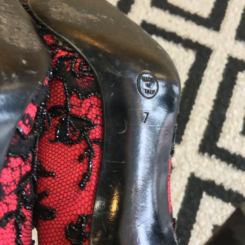 GORGEOUS, CLASSY, Chanel heels. Red with black lace, beading, and bow. Gold insole. 3 inch heel. Size 7. Gently used, some exterior scuffs (shown in photos). Retail approx: $875