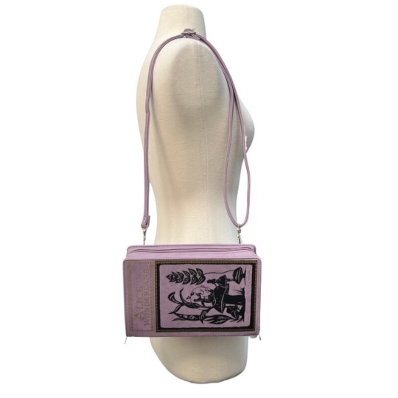 NEW Alice in Wonderland Crossbody Book<br />
Faux Leather<br />
Lilac, Black, and Gold