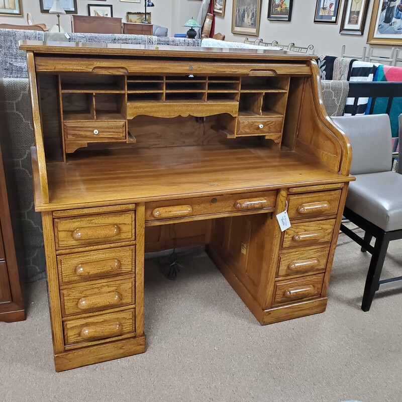 Oak Roll Top Desk W/Key, Oak, Size: 49x30x54
