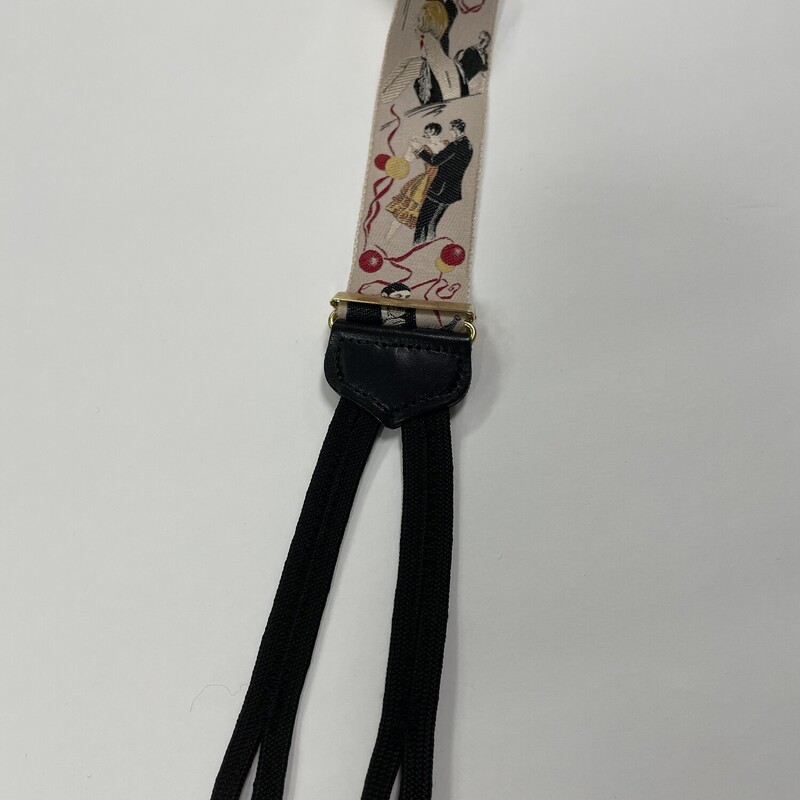 Trafalgar:  Mens Rare Silk 1920's Suspenders, Beige with Black and Red.  Leather butonn-fasteners, Size: OS
