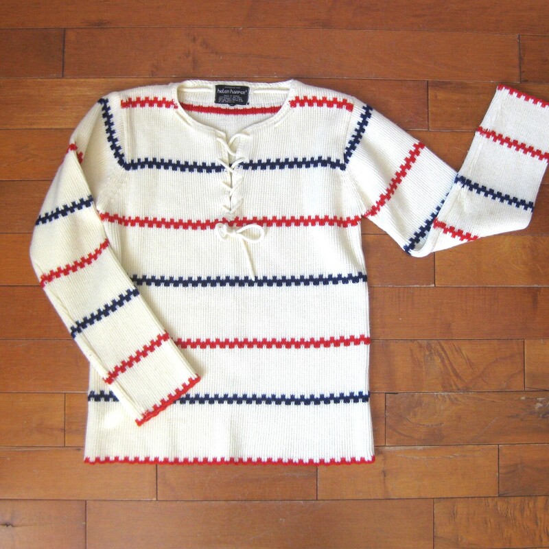 Vtg Helen Harper Striped, White, Size: Medium
cute long sleeved pullover sweater from the 1970s
It has lacing at the quarter length v-neck opening
red and blue geometric stripes on an ivory background
made in Korea for the brand Helen Harper

Marked Size M
flat measurements:
shoulder to shoulder : 15
armpit to armpit: 18
length: 24
width at hem: 18
underarm sleeve seam: 18

knitted with acrylic yarn with a good bit of stretch.

Excellent condition!  the back of one sleeve has a little brown area as shown, very faint!

thanks for looking!
#53556
