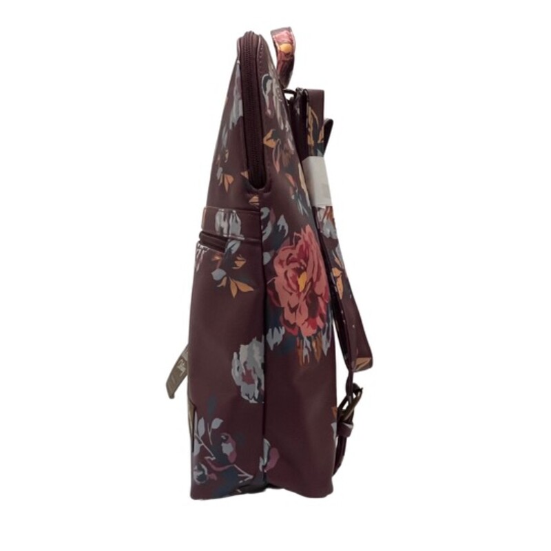 NEW Matilda Jane<br />
Plum Perfect Floral Backpack<br />
<br />
13 H x 14 W x 3.5 D and has a 2 1/2 inch strap drop (top handle).
