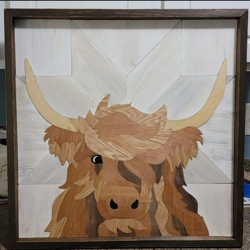 This quilted highland cow sign is made with Maple; Walnut; Birch; and White Oak

Sign measures 24'x24'