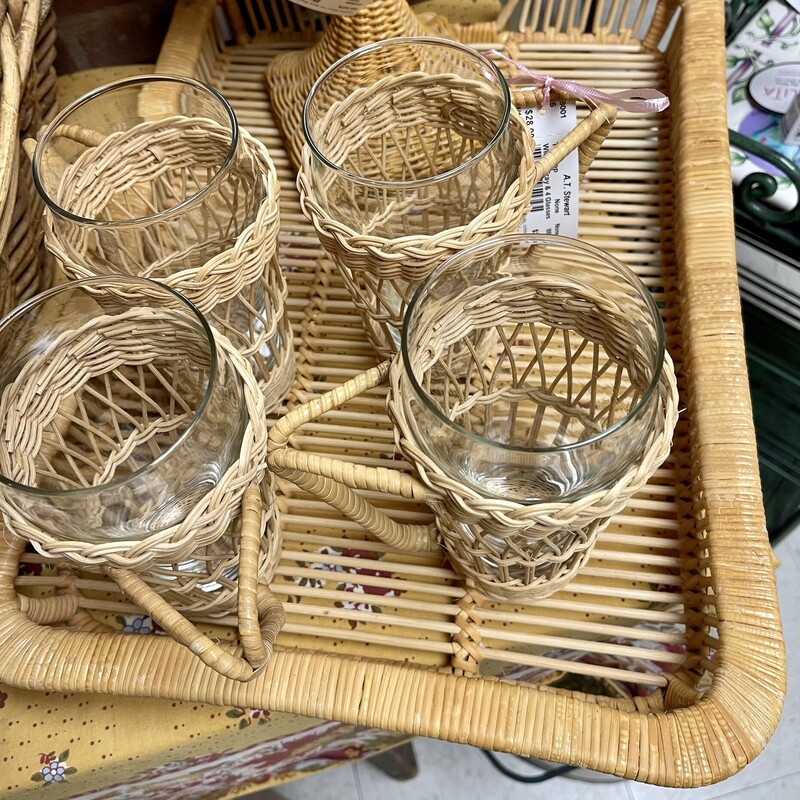 Wicker Tray & 4 Glasses