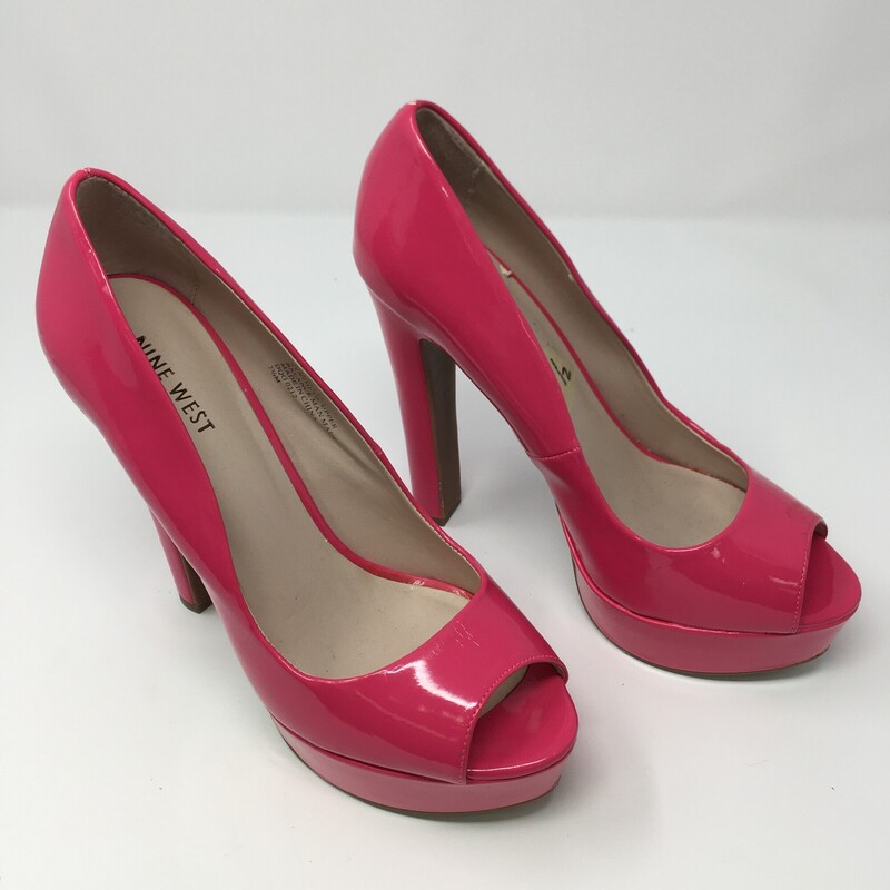 120-058 Nine West, Hot Pink, Size: 7.5<br />
hot pink open toed heels patent leather