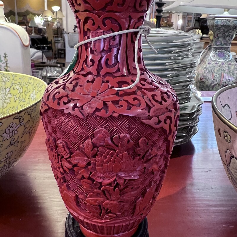 Cinnabar Asian Vase with wood base