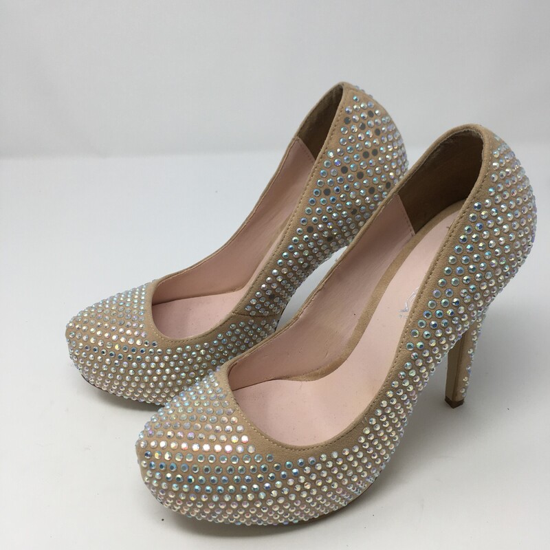 100-886 Andrea, Tan, Size: 7.5 tan heels with chrome rhinestones everywhere n/a  good