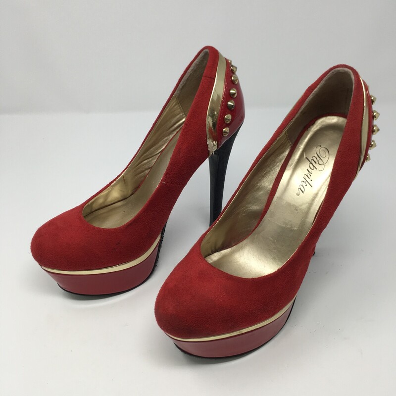 120-097 Paprika, Red, Size: 6.5
red high heels w/ gold embellisments -