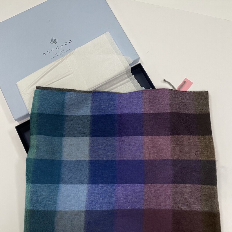 B & Co:  Begg & Co. NEW. Anniversary Cashmere Scarf, Multi, Size: OS, Blue & Tan plaid