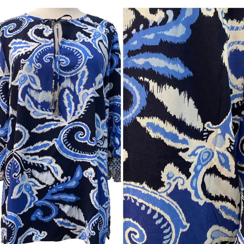 Chicos Paisley Blouse with Bell Sleeves
Navy, White and Blue
Size: Large