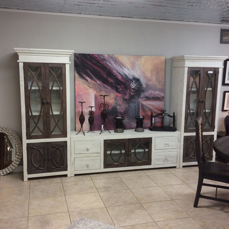 This stylish 3pc Entertainment Center has a rustic white washed wood finish with darker stained cabinet door fronts,