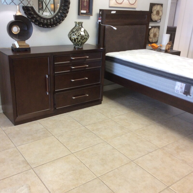 This is a very nice dark brown twin bedroom set. This Set has the twin bed, which has 2 USB ports and a reading light. The night stand, which has 2 USB ports and a wireless charging pad. The dresser/media cabinet, which has 3 drawers, a cabinet with 2 shelfs and a serge protector with 3 outlets. And the new sealy matress.