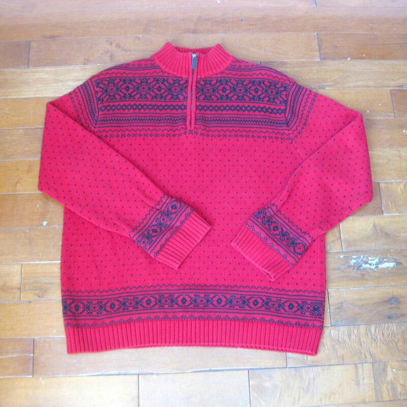 Here's a cozy turtleneck ski sweater in red and black.  It is made of 100% cotton.  Classic snowflake ski pattern<br />
high neck with a quarter zip.  the zipper is a sturdy dark brass metal<br />
Marked size XL<br />
Excellent condition<br />
<br />
Flat measurements, please double where appropriate:<br />
Shoulder to Shoulder: 20<br />
Armpit to armpit: 25.25<br />
Width at hem: 23.25<br />
Underarm sleeve seam length: 20<br />
length: 27.75<br />
<br />
thanks for looking.<br />
#57772