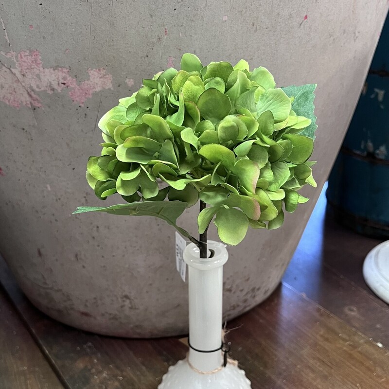 We are in love with the shade of this pretty green hydrangea. This stem has fabric petals and leaves with a plastic stem.  Hydrangea measures 13 inches tall and looks beautiful alone in any vase or grouped with any  floral arrangement