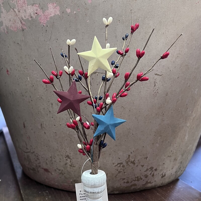 Americana Pick W/stars features burgundy, ivory and navy pips and metal stars on a brown paper stem. Measures 12 inches tall