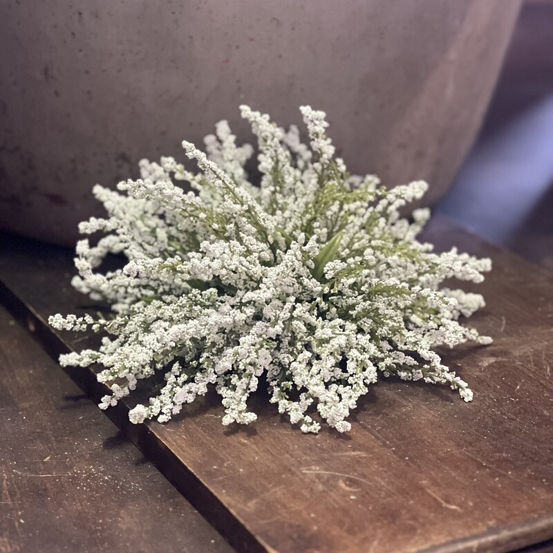 White Heather Half Sphere features tiny white colored flowers on green stems. It has a flat bottom for easy placement. Measures 10 and a half inches in diameter