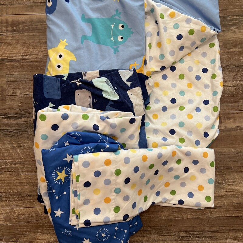 Bedding Toddler Bed Set, Blue, Size: Sleep
Toddler Bed set
3 Fitted Sheets
2 sheets
1 one monster cover