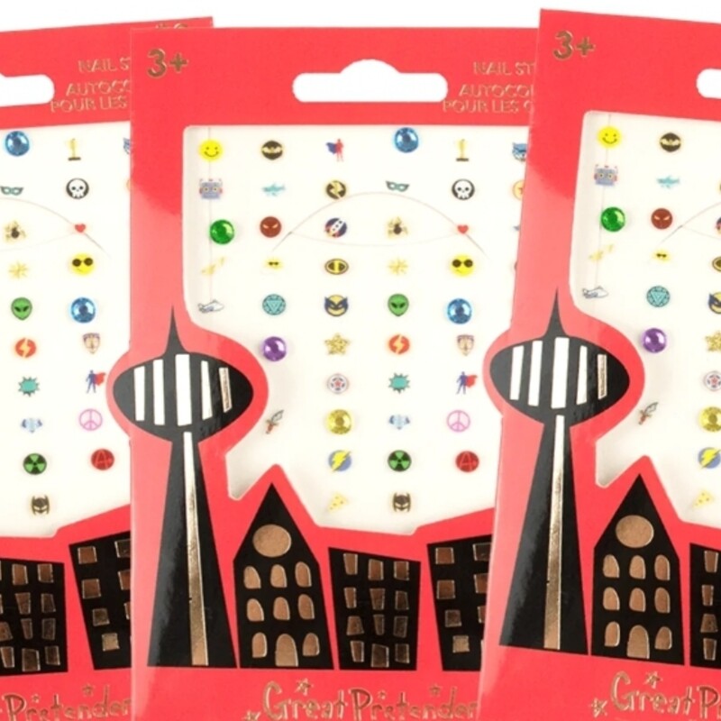 Our NEW nail stickers are made with 1 sheet of 50 stickers designed in Canada just for kids! Add a touch of superpower to your everyday wardrobe with our superhero-themed nail art. This set includes superheroes, villains, rhinestones, and secret life-saving abilities!