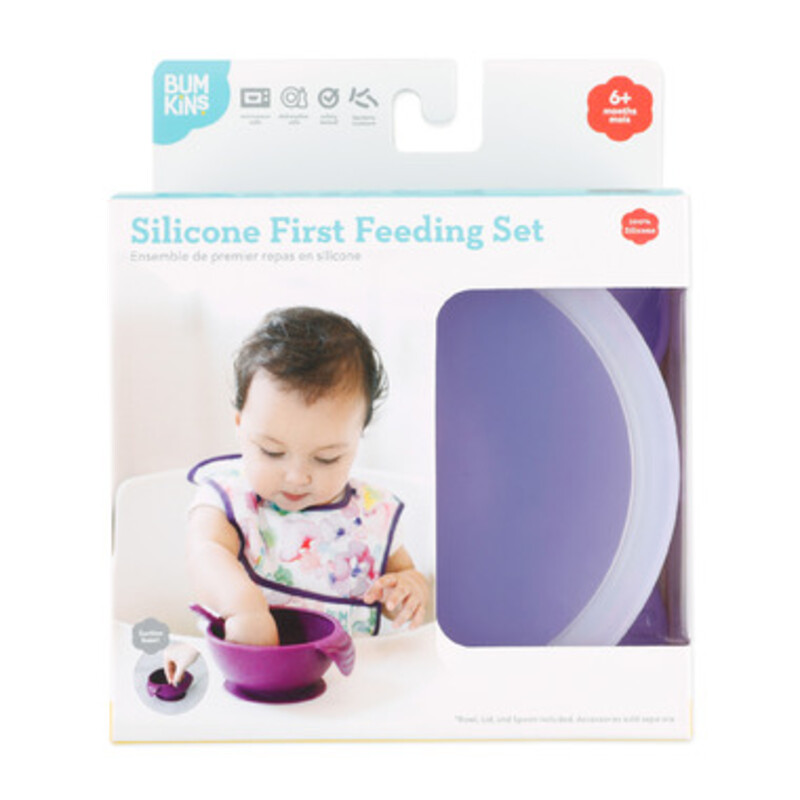 About this item<br />
Convenient handle on bowl allows it to be held securely with a single hand for easy feeding; Double-end spoon grows with baby: one side for dipping into purees, the other for scooping solids<br />
Suction base keeps bowl from sliding around or tipping over on table or tray<br />
Clear silicone lid fits securely for storage in refrigerator or freezer<br />
Easy to clean Either hand wash or put on the top rack of the dishwasher.<br />
Set made from 100% food grade silicone, which is durable, stain resistant, doesn't harbor bacteria and is BPA, PVC, phthalate, cadmium and lead free